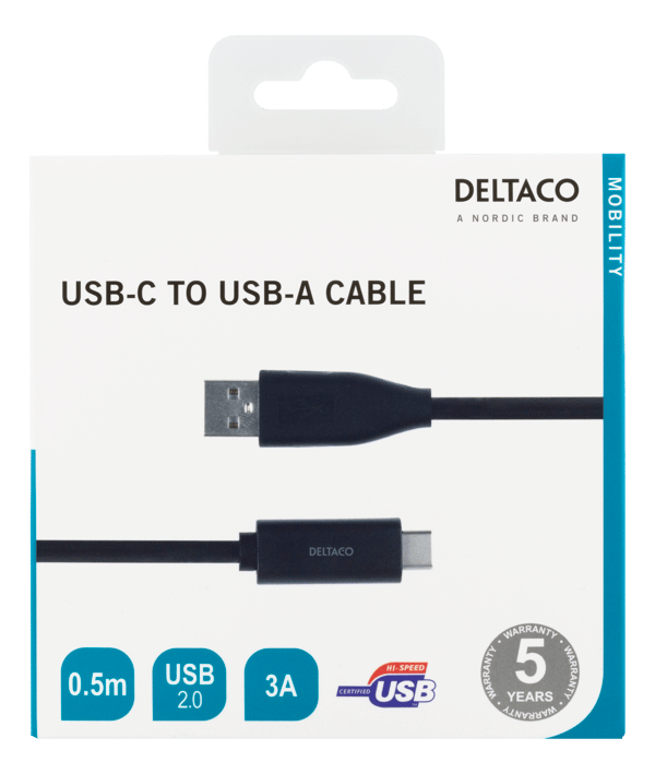 USB-C to USB-A cable, 0.5m, 3A, USB 2.0, black