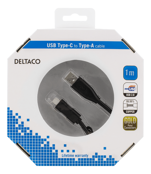 USB 2.0 cable, 1m, Type C - Type A male, PD prof 1, black