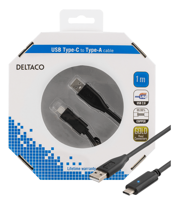 USB 2.0 cable, 1m, Type C - Type A male, PD prof 1, black