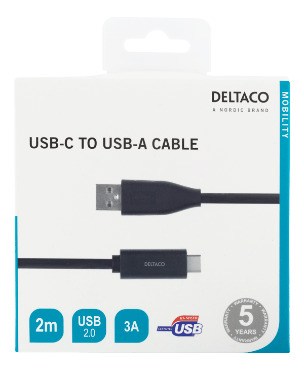 USB-C to USB-A cable, 2m, 3A, USB 2.0, black