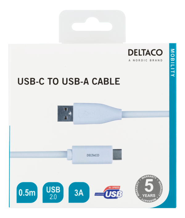 USB-C to USB-A cable, 0.5m, 3A, USB 2.0, white