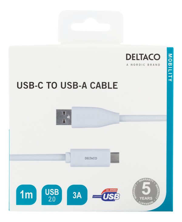 USB-C to USB-A cable, 1m, 3A, USB 2.0, white