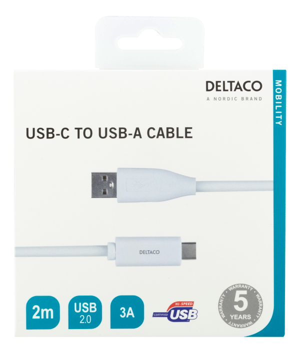 USB-C to USB-A cable, 2m, 3A, USB 2.0, white