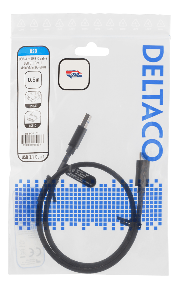 USB 3.1 Gen1 braided USBA USBC cable 0.5m 60W 3A  black