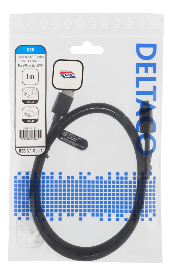 USB 3.1 Gen1 braided USB-A - USB-C cable, 1m, 3A 60W, black