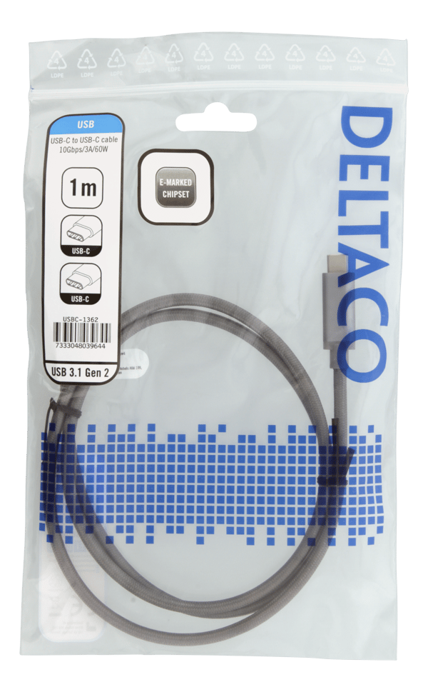 USB-C to USB-C cable, 1m, 60W USB PD, 10 Gbps, grey