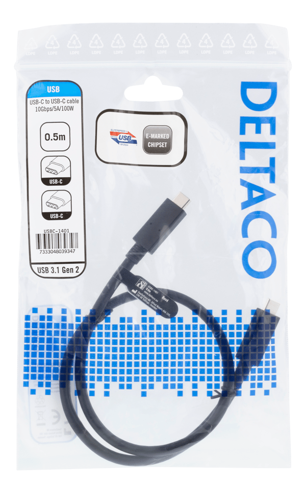 USBC to USBC cable 0.5m 10Gbps 100W 5A USB 3.1 Gen 2 black