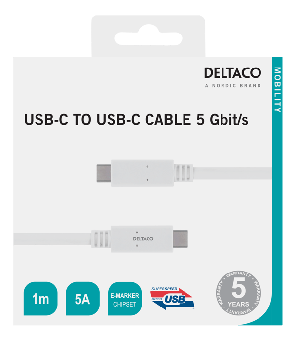 USB-C - USB-C cable, 5Gbit/s, 5A, 1M, white