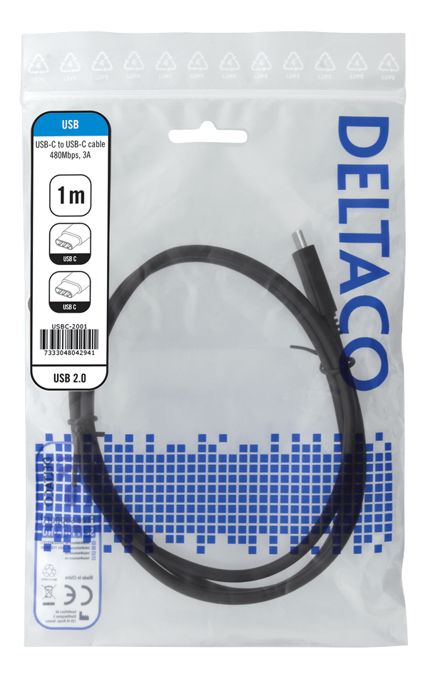 USB 2.0 -latauskaapeli, USB-C - USB-C, 3A, 1m, musta