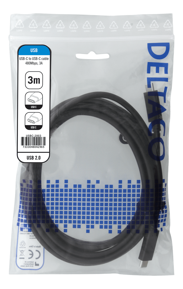 USB 2.0 -latauskaapeli, USB-C - USB-C, 3A, 3m, musta