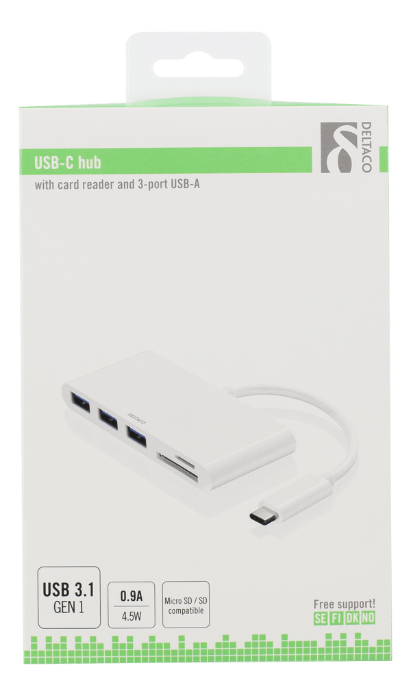 USB-C hub, USB-C 5 Gbps, 3x USB-A, SD/microSD reader, white