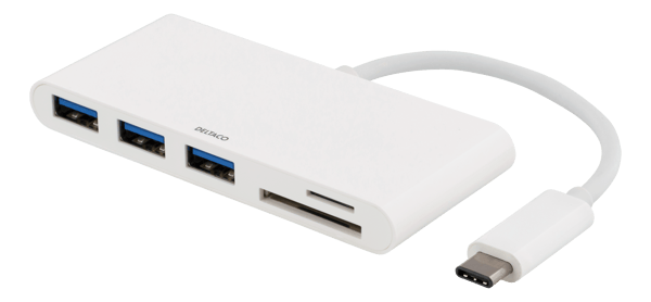 USB-C hub, USB-C 5 Gbps, 3x USB-A, SD/microSD reader, white