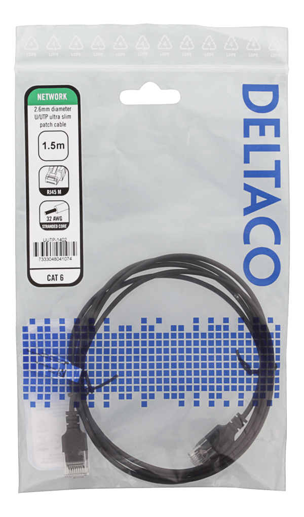 U/UTP Cat6 patch cable slim, 2.6 mm⌀, 1.5m, 500MHz, black