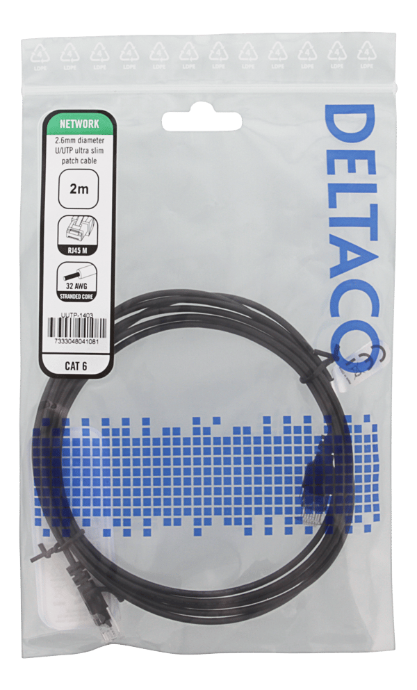 U/UTP Cat6 patch cable slim, 2.6 mm⌀, 2m, 500MHz, black