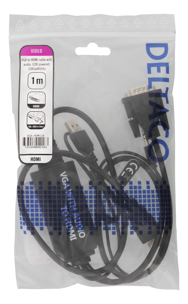 VGA & Audio, HDMI cable, USB powered, 1m, black