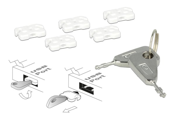 USB Port Blocker, 5 USB locks, 2 keys, white