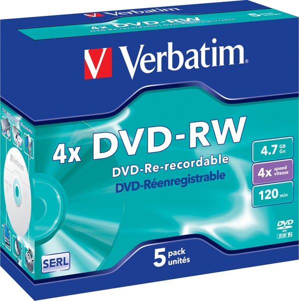 DVD-RW, 4x, 4.7 GB/120 min, 5-pack jewel case, SERL DVD-RW, 4x, 4.7 GB/120 min, 5-pack jewel case, SERL