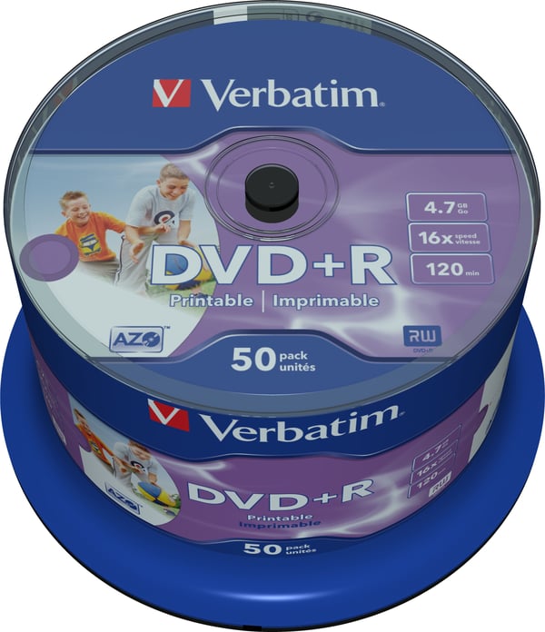 DVD+R, 16x, 4.7 GB/120 min, 50-pack spindel, AZO, printable