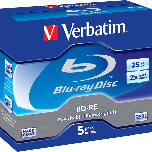 BD-RE, 2x, 25 GB/200 min, 5-pack jewel case Hard Coat SERL