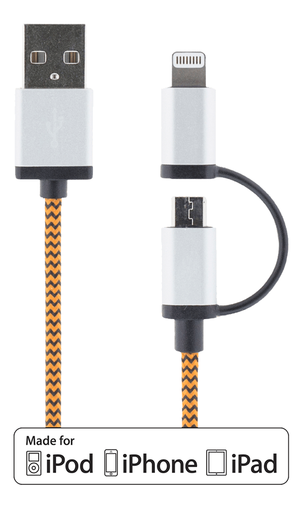 USB cable, USB Micro B ma and lightning ma, MFi, 1m, orange