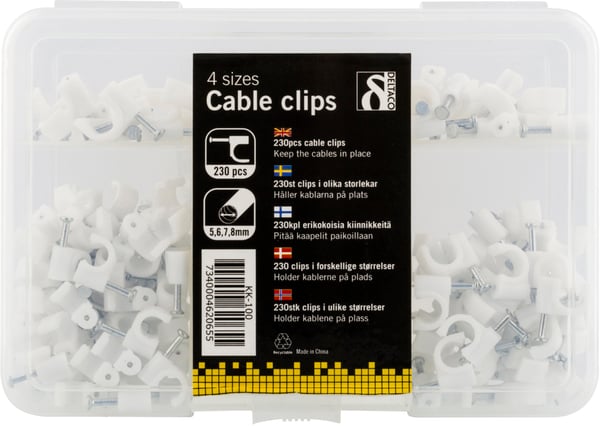 Cable clamps in plastic with steel nails, 4 sizes, 230-pack