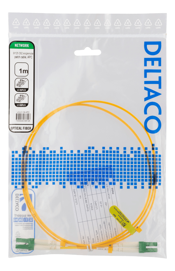 OS2 Fiber cable, LC – LC, duplex, singlemode, APC, 9/125, 1m