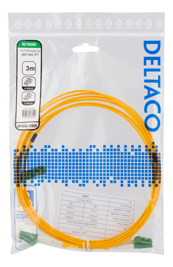 OS2 Fiber cable, LC – LC, duplex, singlemode, APC, 9/125, 3m
