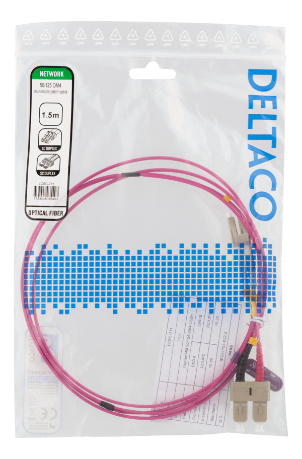 OM4 Fiber cable, LC – SC, duplex, multimode, 50/125, 1,5m