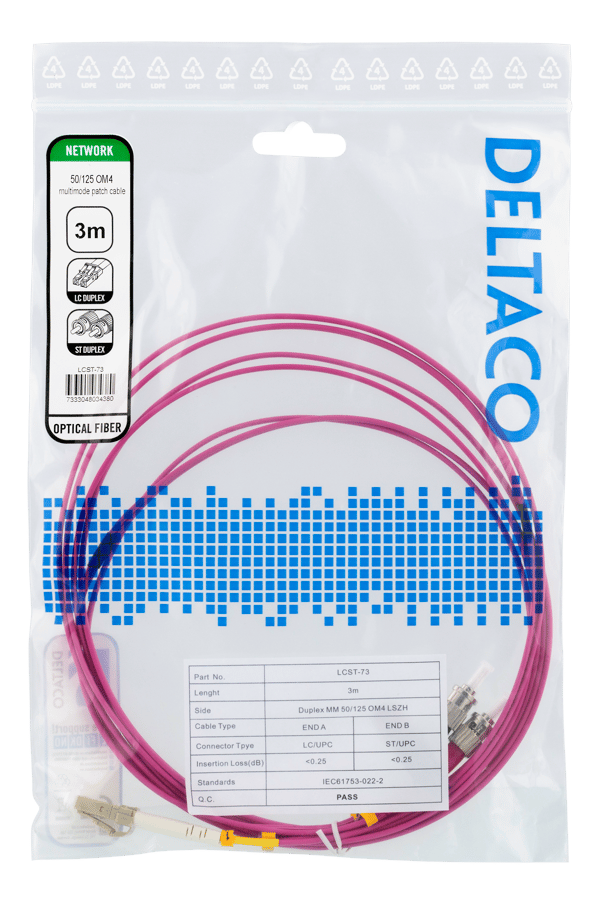 OM4 Fiber cable, LC-ST Duplex, 50/125, 3m, pink