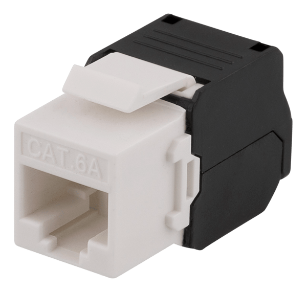 Cat6A Keystone jack, toolless clamp termination, plastic
