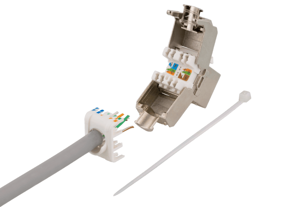 Cat6A shielded Keystone jack, toolless clamp termination