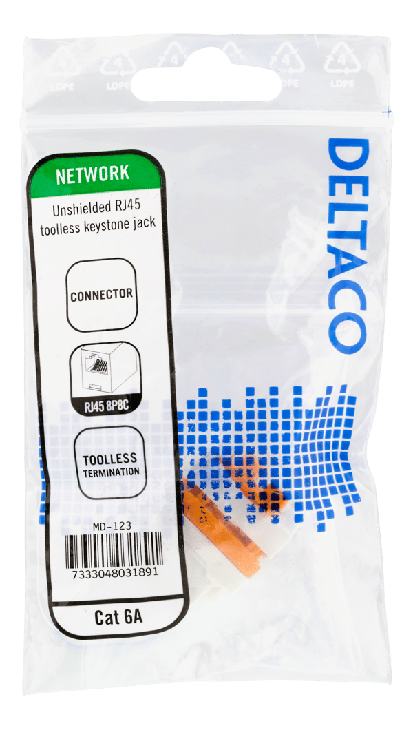 Cat6A Keystone jack, toolless, plastic, white/orange
