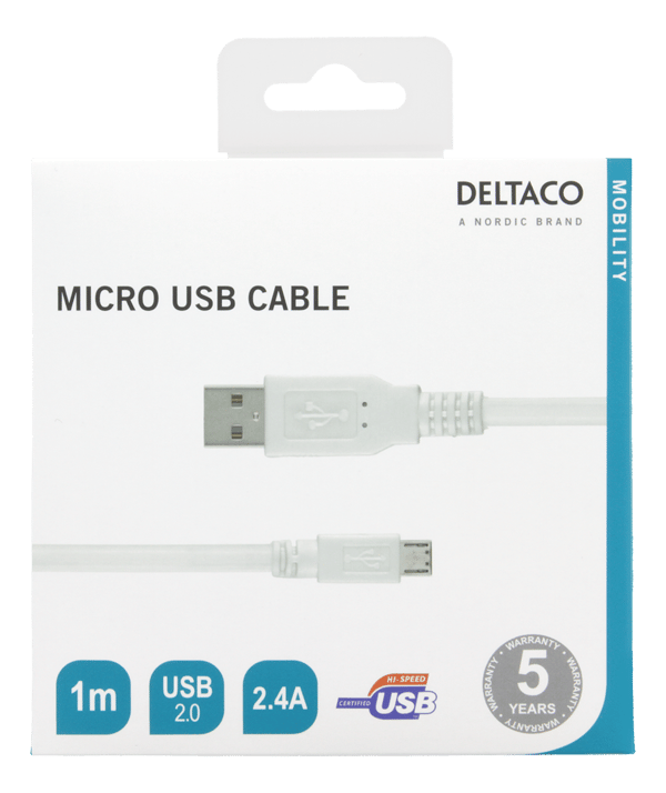 USB 2.0 cable Type A ma, Type Micro B ma, 5-pin, 1m, white