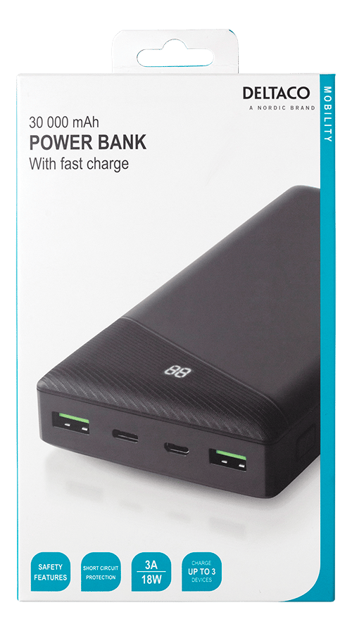 Power bank 30 000 mAh, 2x USB-A 18 W, 1x USB-C, 111 Wh