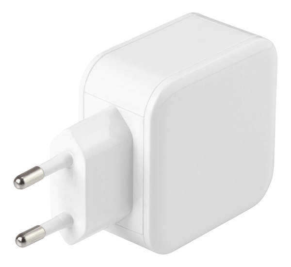 USB-vægoplader, 2x USB-A-porte, 4,8 A, 24 W, hvid