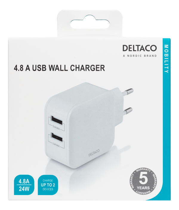 USB-vægoplader, 2x USB-A-porte, 4,8 A, 24 W, hvid