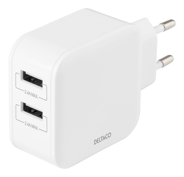 USB-vægoplader, 2x USB-A-porte, 4,8 A, 24 W, hvid