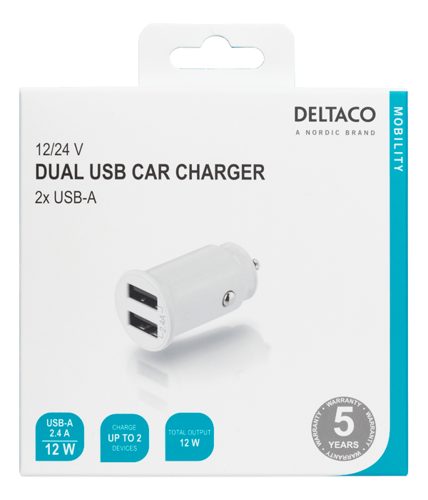 USB car charger, 2x USB-A, 2.4 A, total 12 W, white