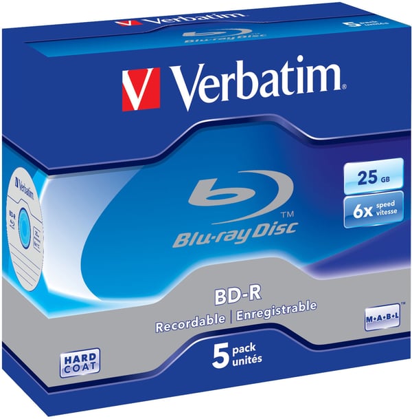 BD-R, 6x, 25 GB/200 min, 5-pack jewel case Hard Coat MABL