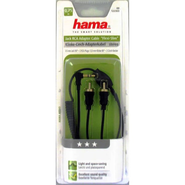 audiokabel 3,5mm-2xRCA 0,75m vinklet 3,5 90° TL