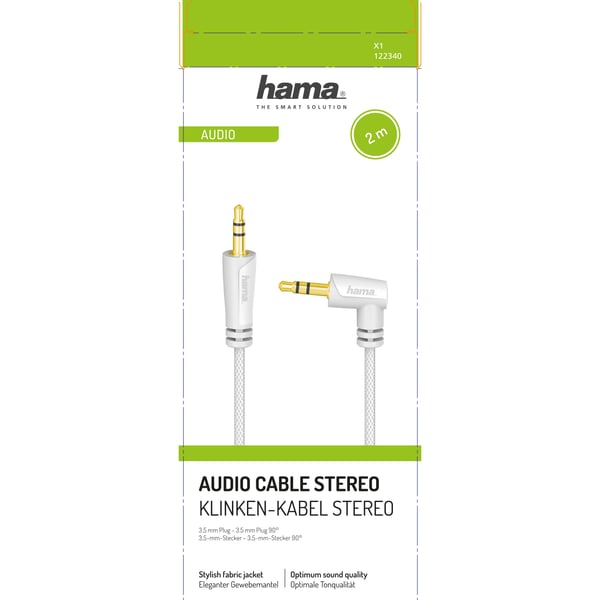 Audiokabel 3.5mm-3.5mm Vinklet Hvit 2m