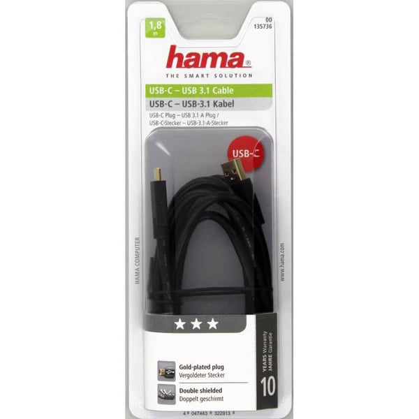 USB 3.1 Kabel USB-C Han-USB-A 1,8m Guldbelagt TL