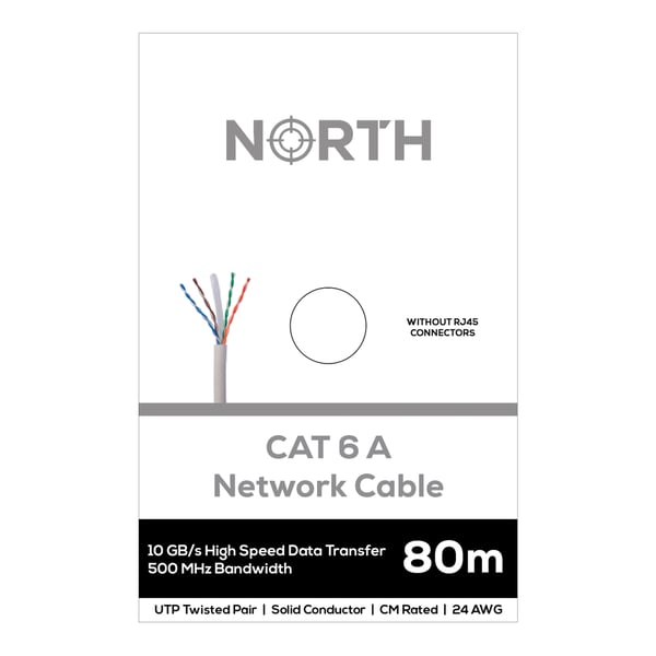Nettverkskabel Cat6A UTP Hvit 80m kontaktløs Solid 10Gb/s 500MHz 24awg CM
