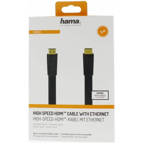 HDMI Ethernet High Speed Kabel 3,0m Flad Sort Guldbelagt TL