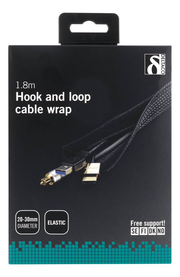 Nylon cable wrap, hook and loop fastener, 1,8m, black