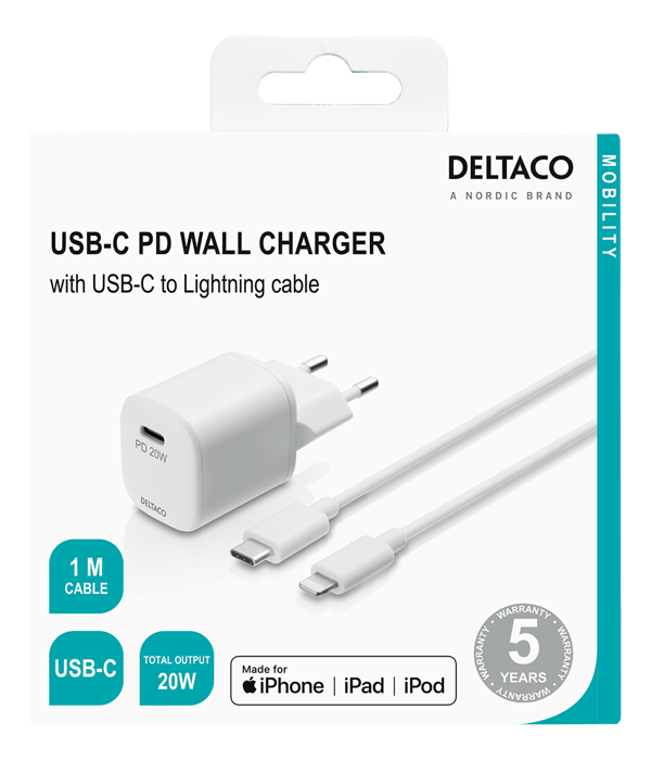 USB-C PD 20 W wall charger, 1 m detach. USB-C to Lightning
