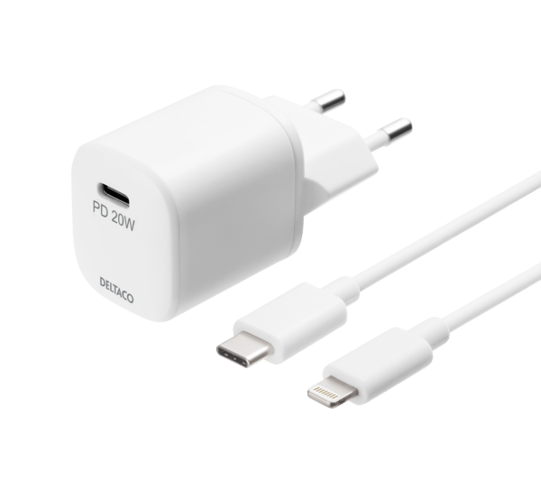 USB-C PD 20 W wall charger, 1 m detach. USB-C to Lightning