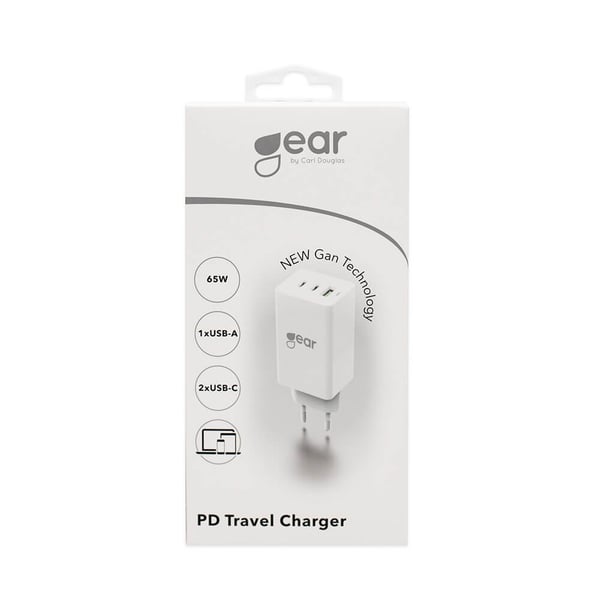 Lader GaN 220V 2xUSB-C + 1xUSB-A PD 45W + 18W + 3A (totalt 65W) Hvit