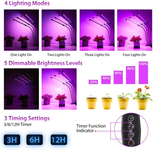 Plantelampe / plantebelysning med 4 fleksible LED-lysrør 1-pack
