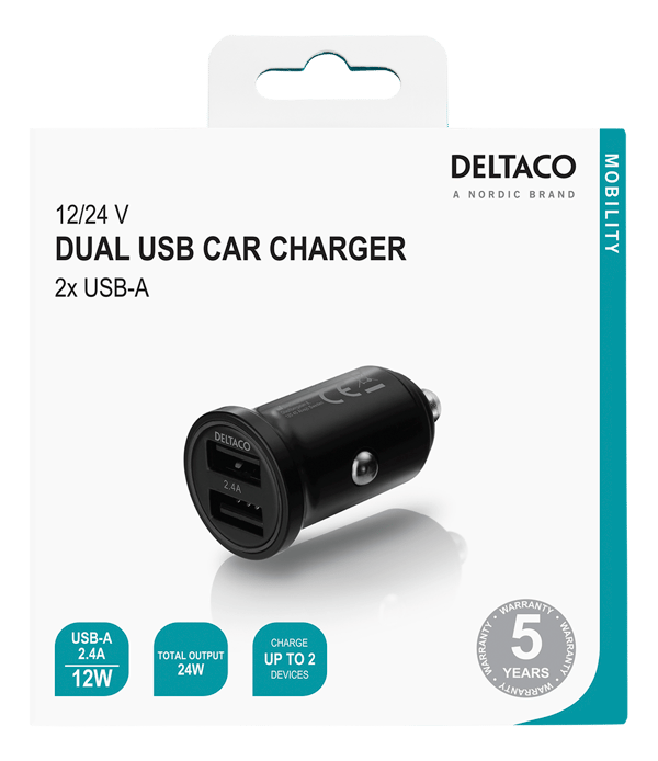 12/24 V USB car charger with dual USB-A ports, 24 W, black
